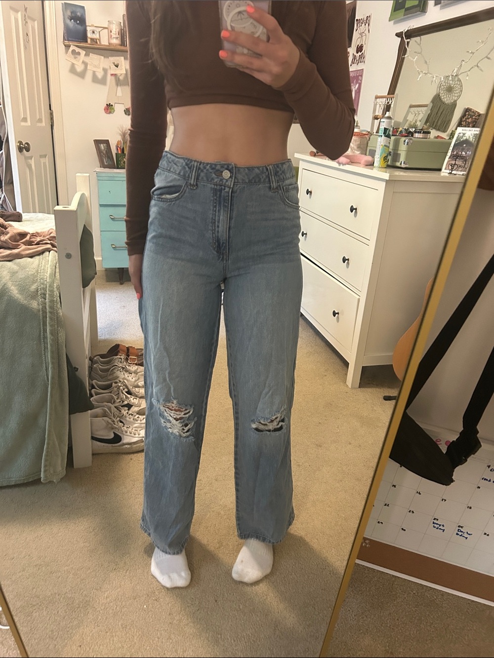 High-Rise Light Blue Distressed Wide-Leg Jeans - Light Blue